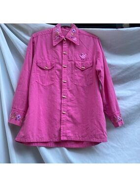 Unbranded vintage pink embroidered button down shirt, size m/l